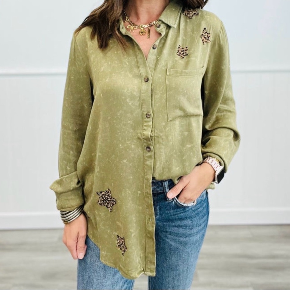 Mystree Olive Button Down Shirt with Star Accents